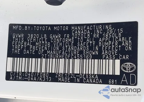 2015 Toyota Corolla S Plus из США, поврежденный, VIN 2T1BURHE0FC455169